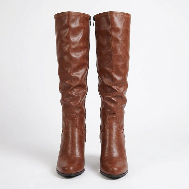 Garance | Women's Block Heel Leather Knee High Boots with Round Toe