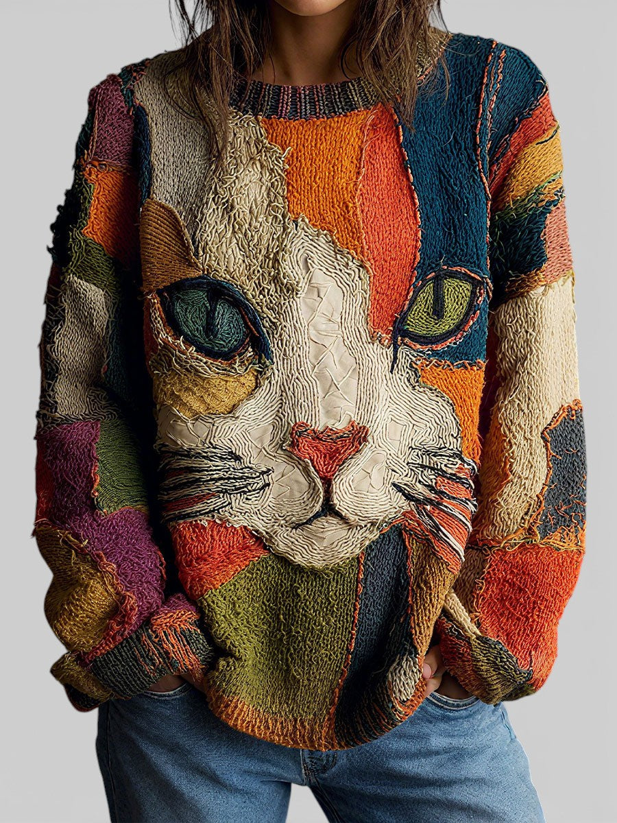 Odessa | Women's Cat Patchwork Knit Sweater