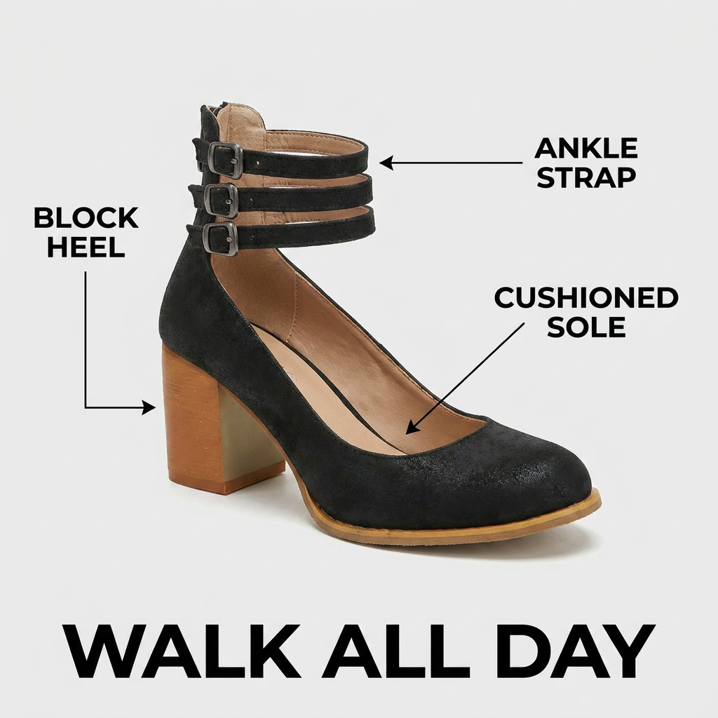 Heulwen | Women's Triple Buckle Block Heel Ankle Boots