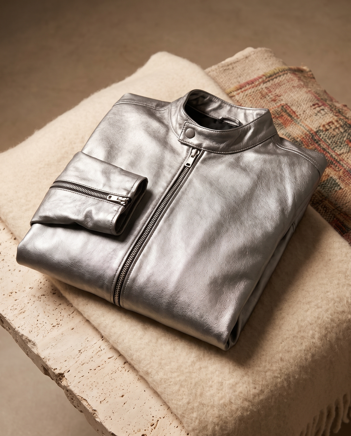 Persephone | Women's Zip-Front Leather-Look Jacket for Layering in Silver