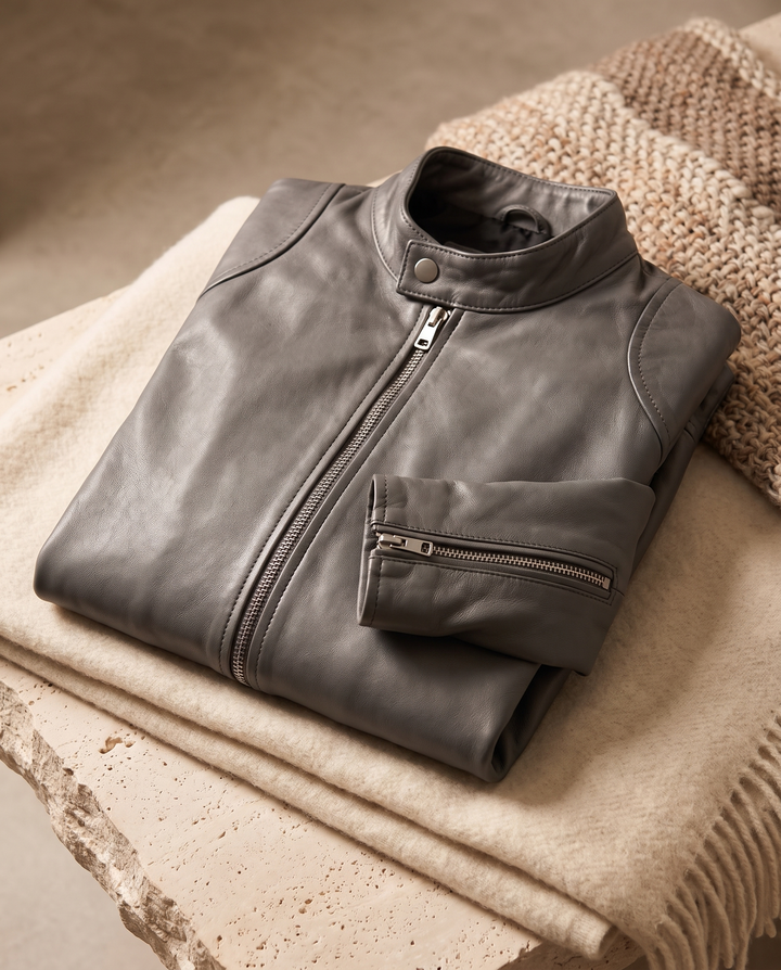 Persephone | Women's Zip-Front Leather-Look Jacket for Layering in Grey