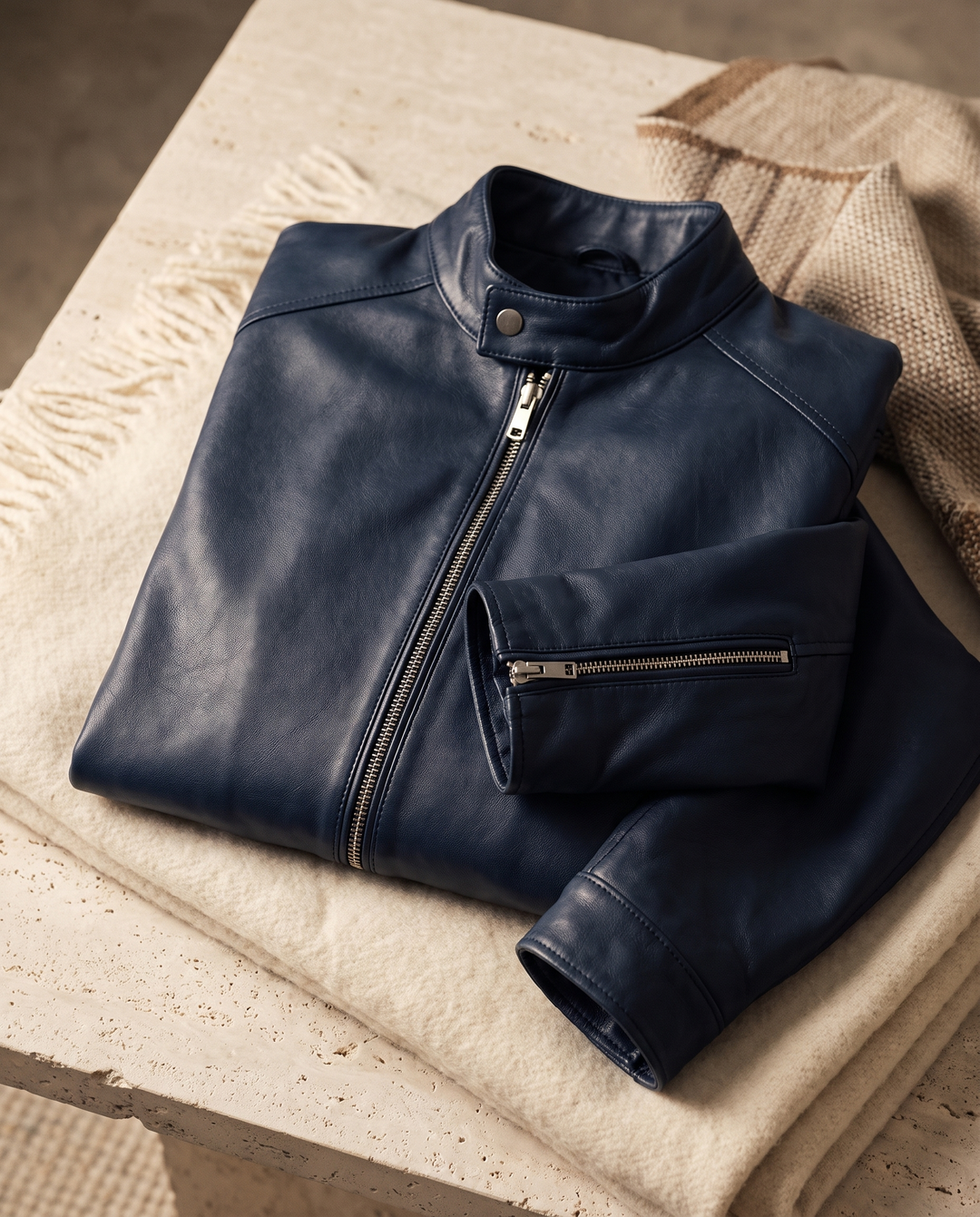 Persephone | Women's Zip-Front Leather-Look Jacket for Layering in Navy Blue