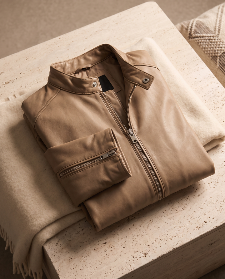 Persephone | Women's Zip-Front Leather-Look Jacket for Layering in Beige