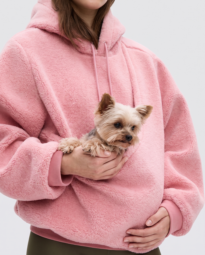 Leonie | Women's Plush Fleece Pet Carrier Hoodie with Front Pouch - pouch detail