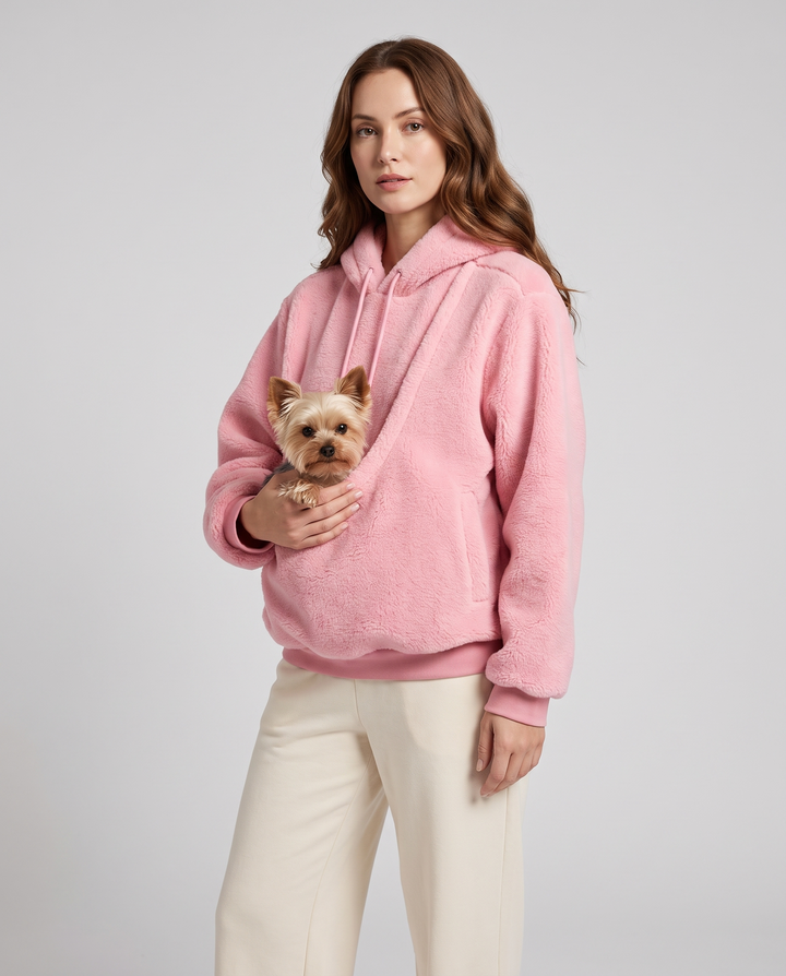 Leonie | Women's Plush Fleece Pet Carrier Hoodie with Front Pouch - three-quarter view