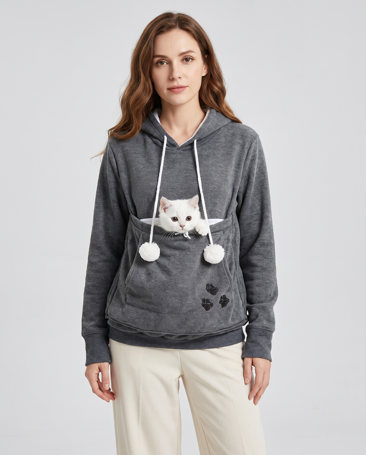 Romane | Women's Fleece Pet Pouch Hoodie with Pom-Pom Drawstring - front view