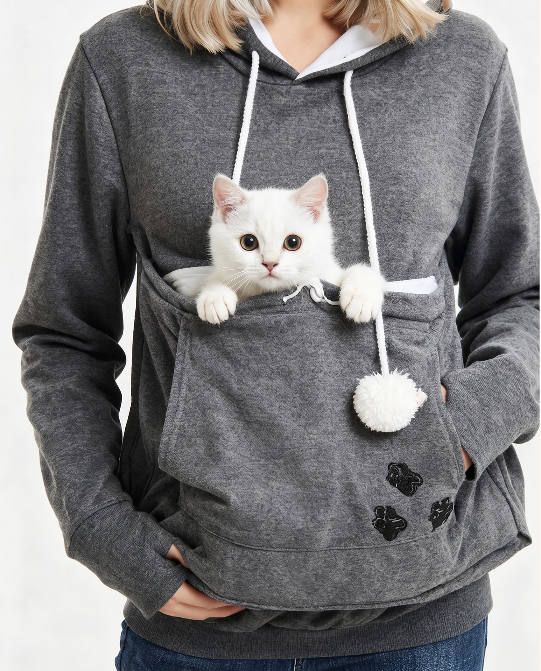 Romane | Women's Fleece Pet Pouch Hoodie with Pom-Pom Drawstring - pouch detail