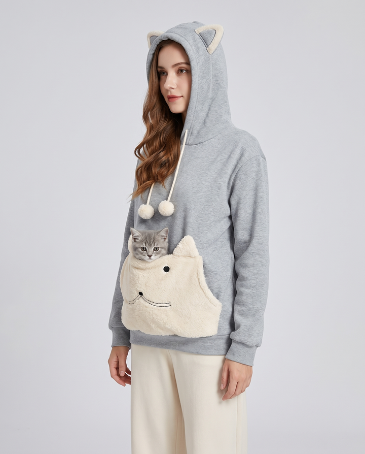 Rozenn | Women's Cat-Ear Hood Pet Carrier Hoodie with Plush Pouch - three-quarter view