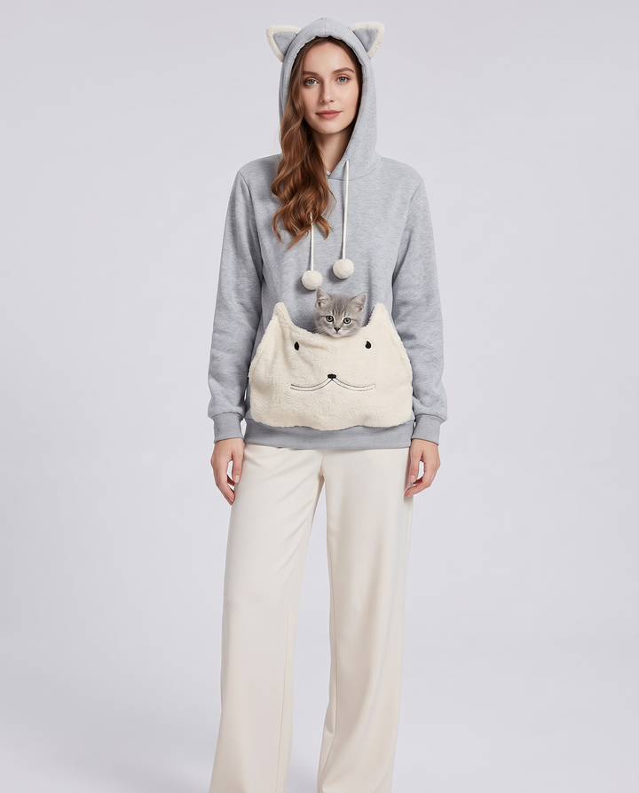 Rozenn | Women's Cat-Ear Hood Pet Carrier Hoodie with Plush Pouch - front view