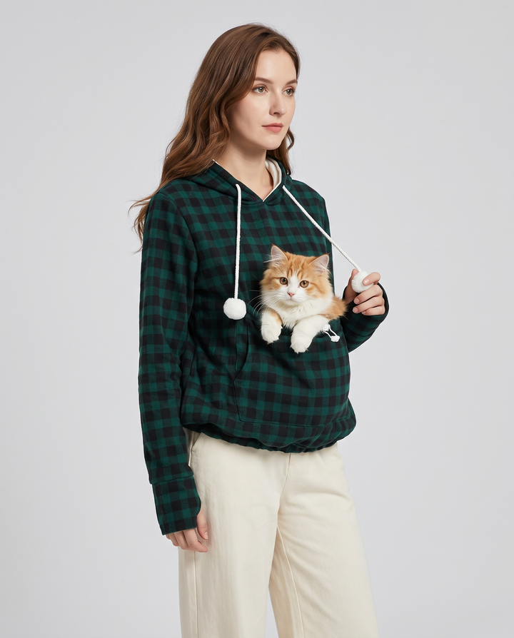 Lunete | Women's Plaid Pet Carrier Hoodie with Front Pouch - three-quarter view
