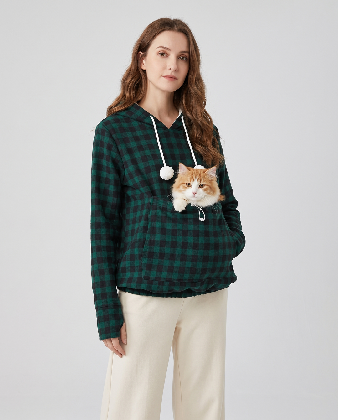 Lunete | Women's Plaid Pet Carrier Hoodie with Front Pouch - front view