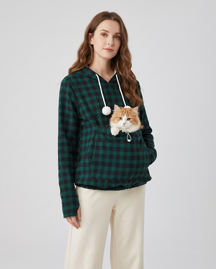 Lunete | Women's Plaid Pet Carrier Hoodie with Front Pouch - front view