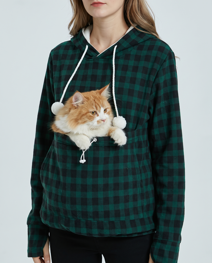 Lunete | Women's Plaid Pet Carrier Hoodie with Front Pouch - pouch detail