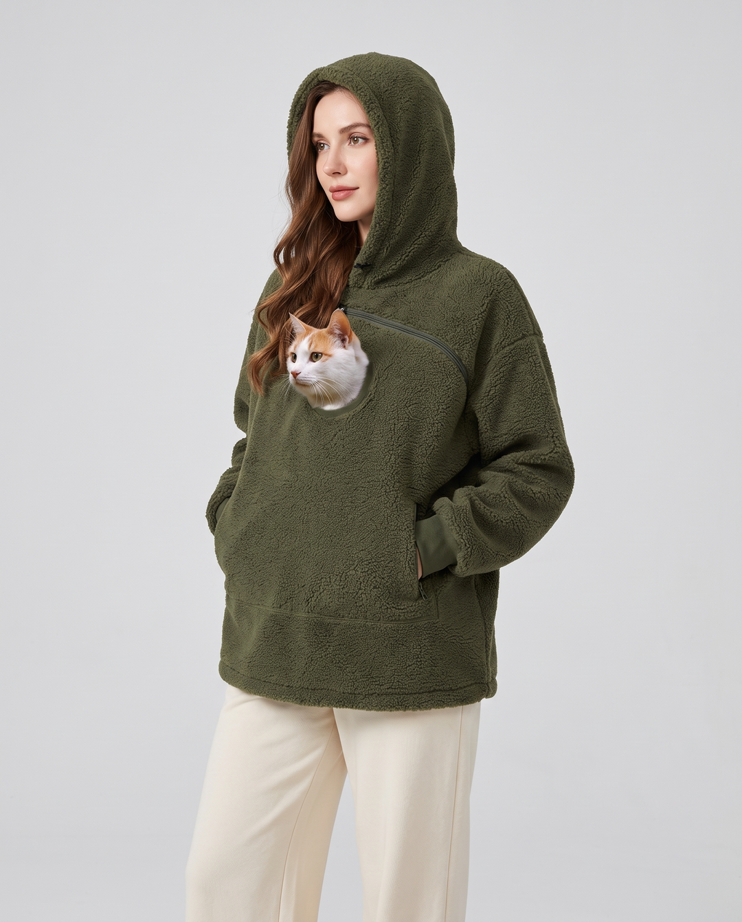 Fleurine | Women's Lamb Velvet Pet Carrier Hoodie with Zip Pouch - three-quarter view