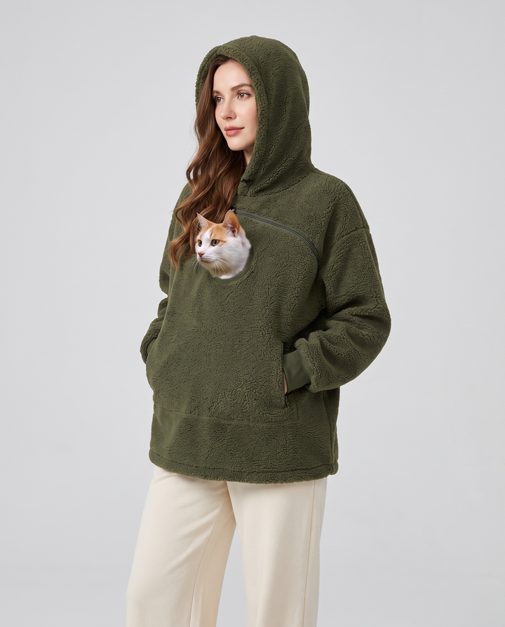 Fleurine | Women's Lamb Velvet Pet Carrier Hoodie with Zip Pouch - three-quarter view