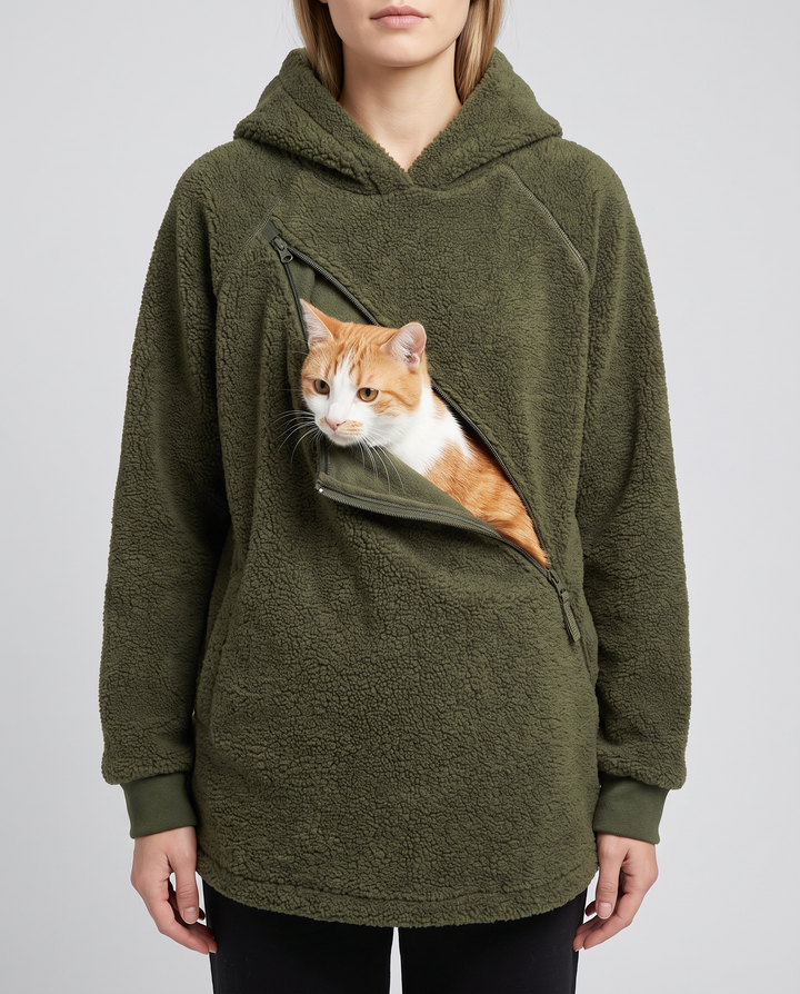 Fleurine | Women's Lamb Velvet Pet Carrier Hoodie with Zip Pouch - pouch detail