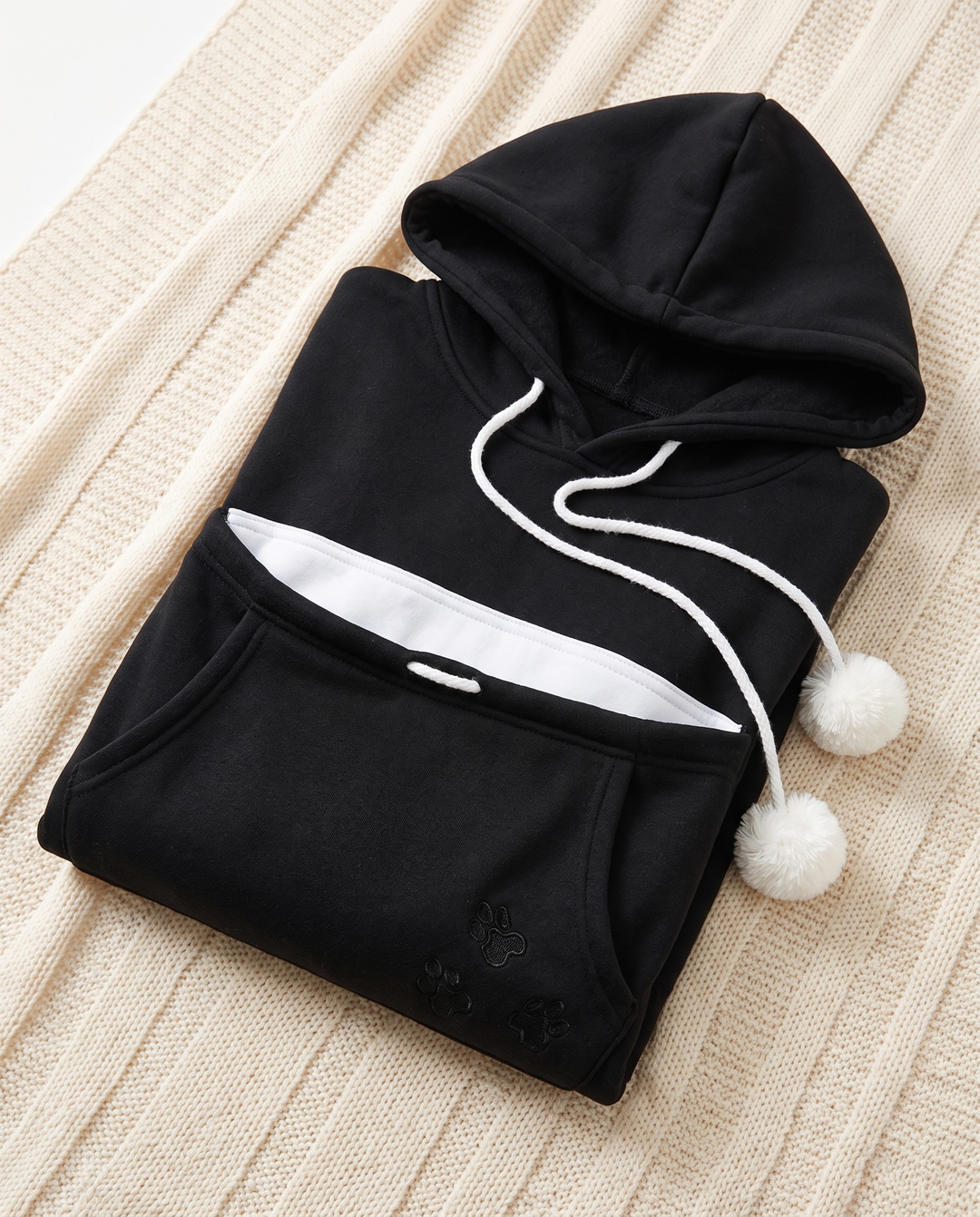 Romane | Women's Fleece Pet Pouch Hoodie with Pom-Pom Drawstring - Black