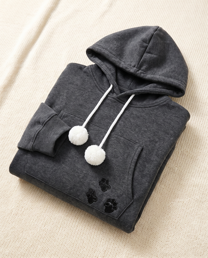 Romane | Women's Fleece Pet Pouch Hoodie with Pom-Pom Drawstring - Dark Gray