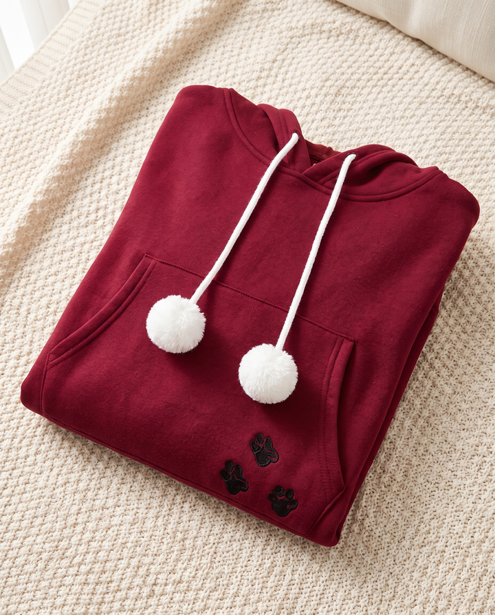 Romane | Women's Fleece Pet Pouch Hoodie with Pom-Pom Drawstring - Wine Red