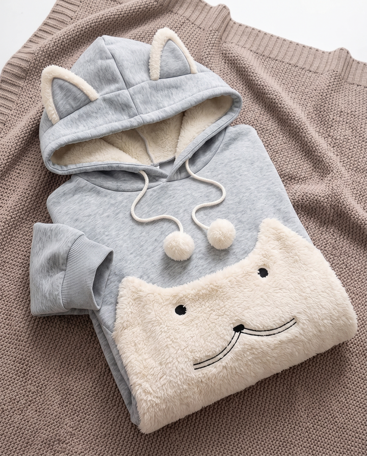 Rozenn | Women's Cat-Ear Hood Pet Carrier Hoodie with Plush Pouch - Gray