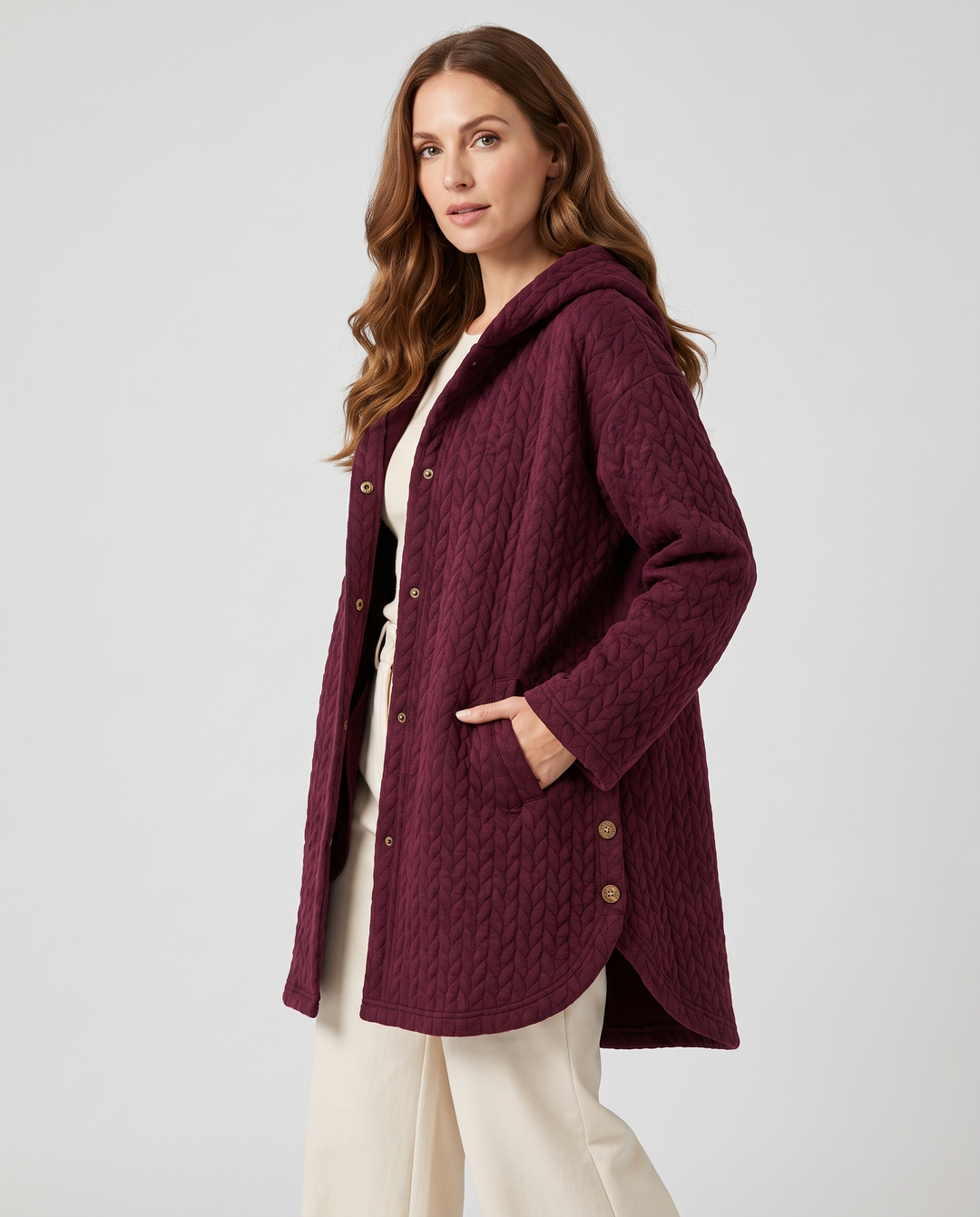 Bertille | Women's Hooded Quilted Mid-Length Jacket - three-quarter view