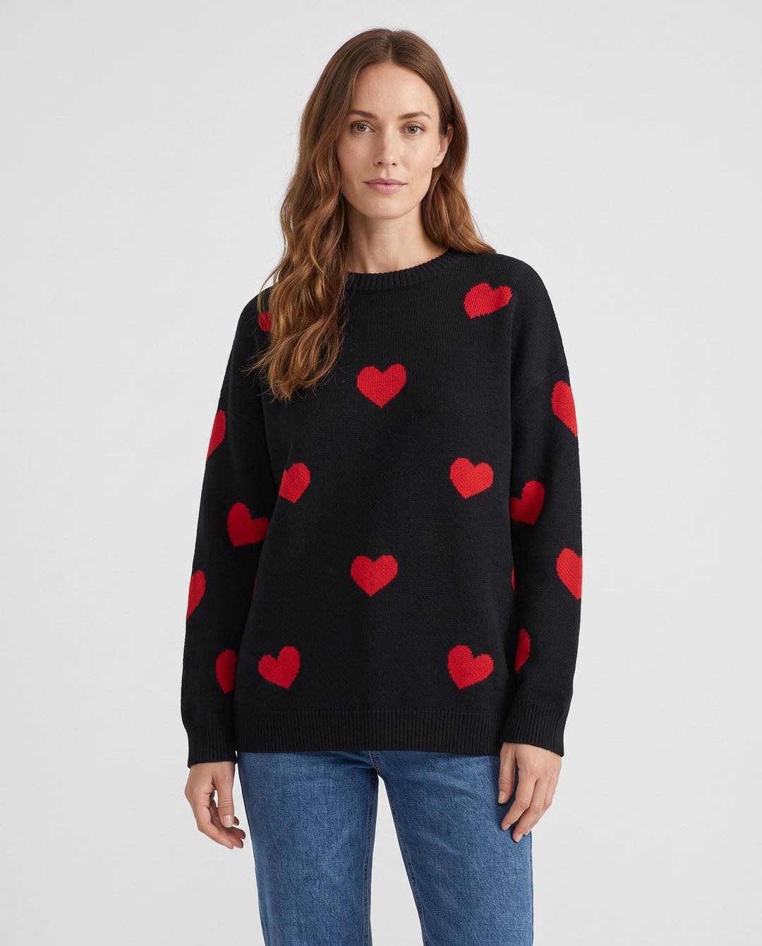 Elysia | Women’s Knit Jumper with Round Neck and Heart Pattern - front view