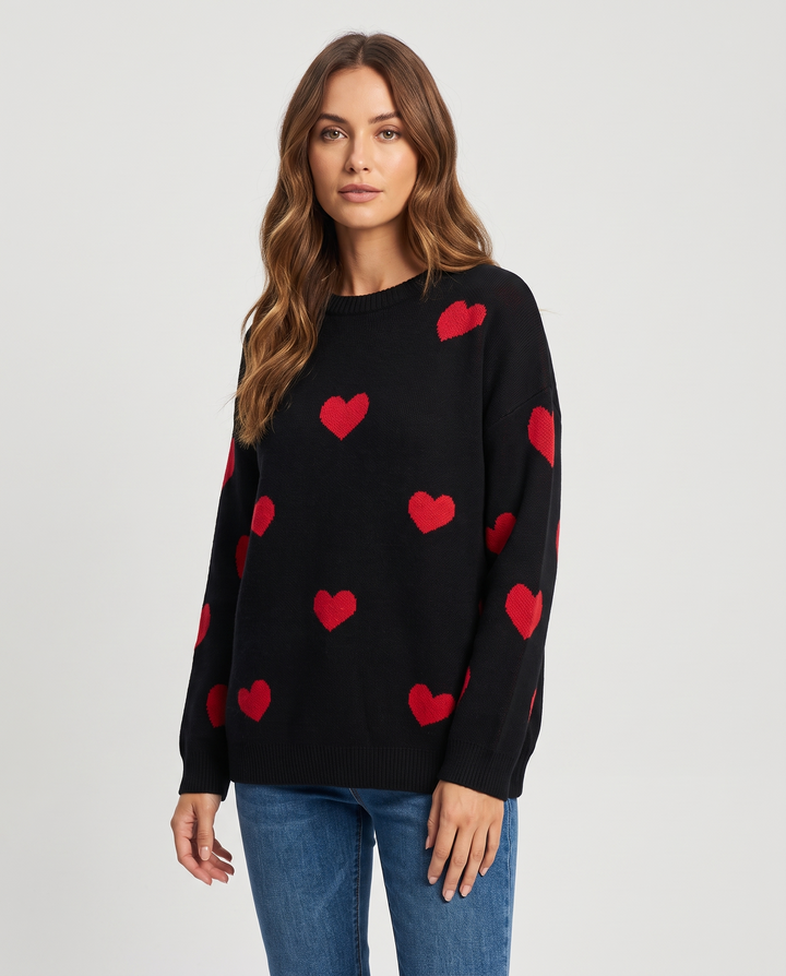 Elysia | Women’s Knit Jumper with Round Neck and Heart Pattern - three-quarter view