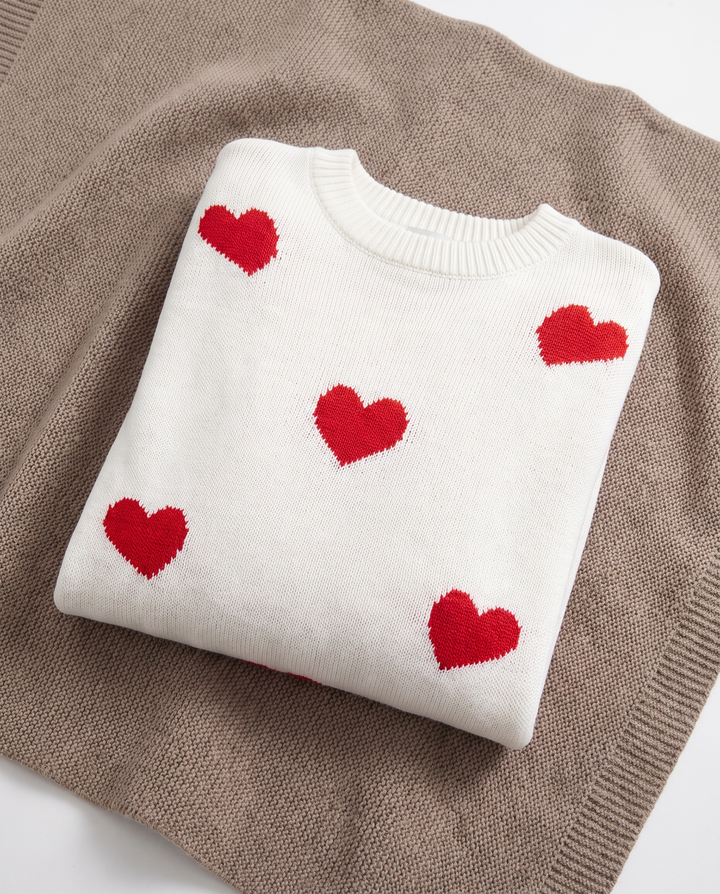 Elysia | Women’s Knit Jumper with Round Neck and Heart Pattern - White