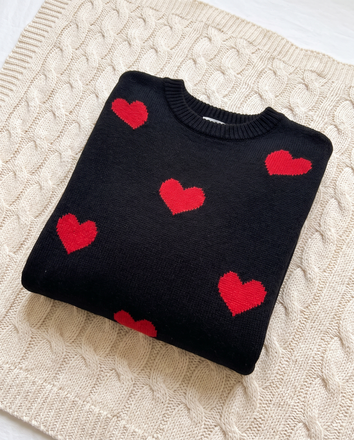 Elysia | Women’s Knit Jumper with Round Neck and Heart Pattern - Black