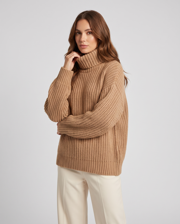 Edeline | Women’s Turtleneck Jumper with Ribbed Knit and Long Sleeves - three-quarter view