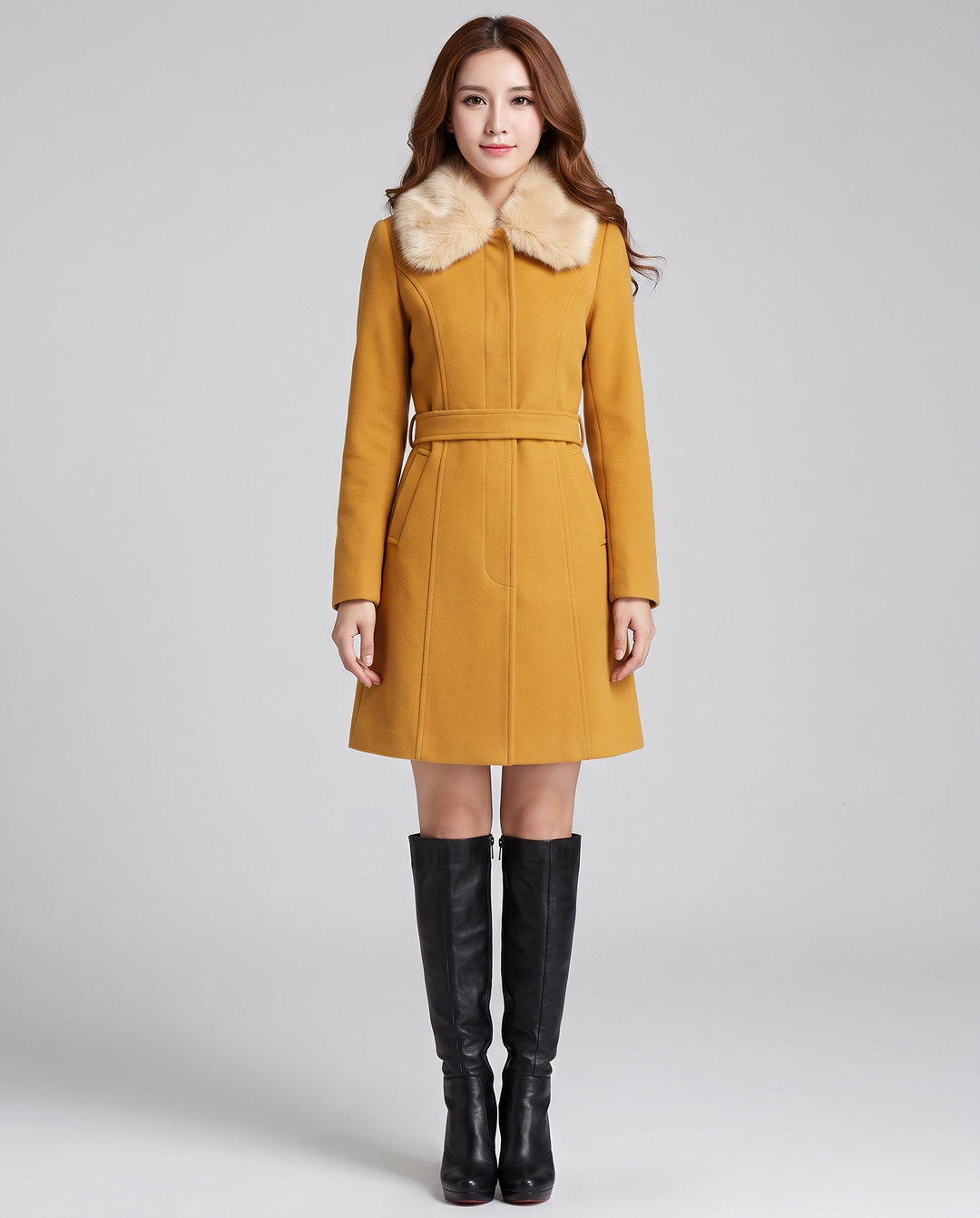 Gioia | Women's A-Line Coat with Belt and Faux Fur Collar - front view