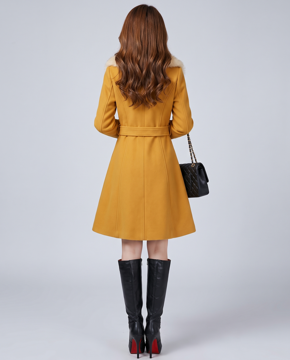 Gioia | Women's A-Line Coat with Belt and Faux Fur Collar - back view