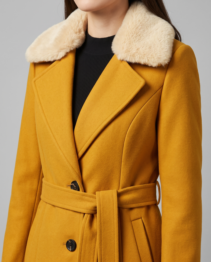 Gioia | Women's A-Line Coat with Belt and Faux Fur Collar - detail