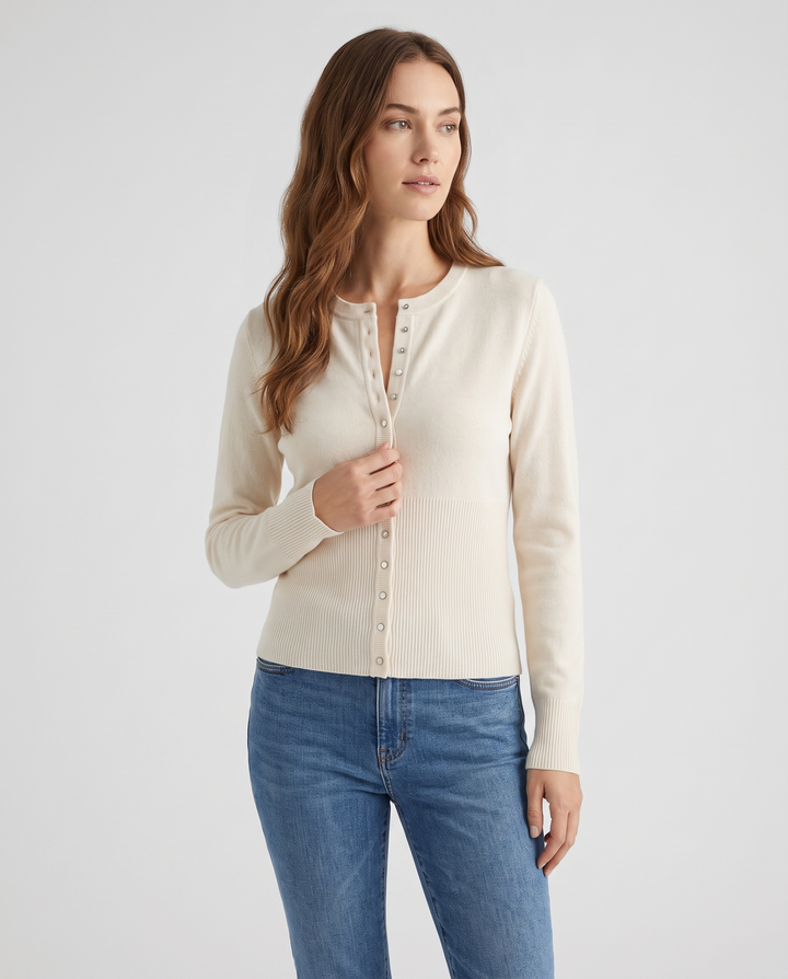 Ernesta | Women’s Knitted Cardigan with Round Neckline and Button-Front Design - three-quarter view