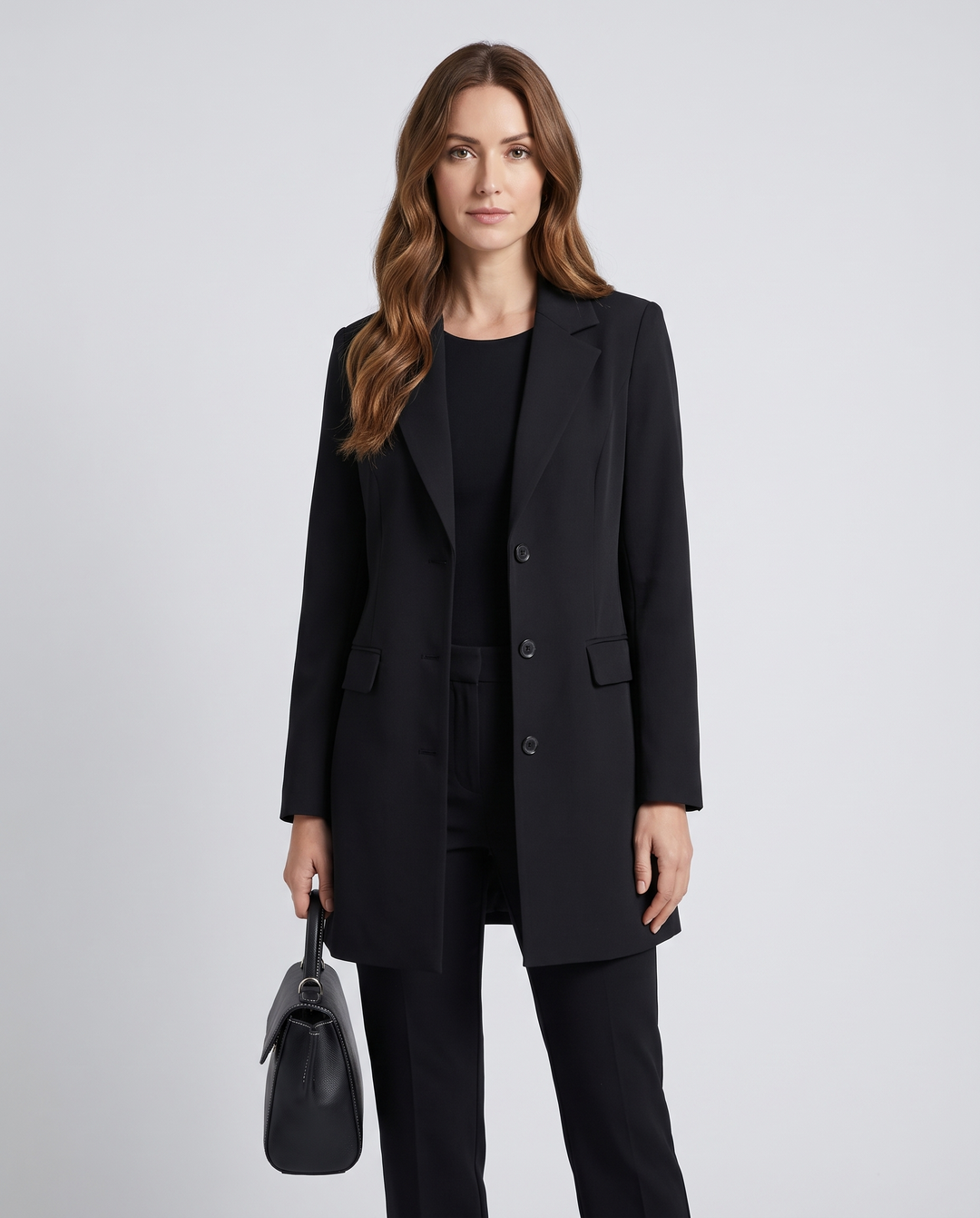 Erica | Women’s Longline Blazer with Notched Lapel and Front Buttons - front view