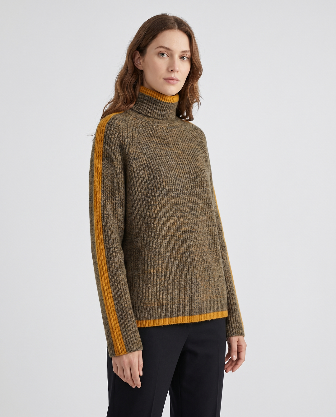 Dymphna | Women’s Turtleneck Jumper with Ribbed Knit and Trim - three-quarter view