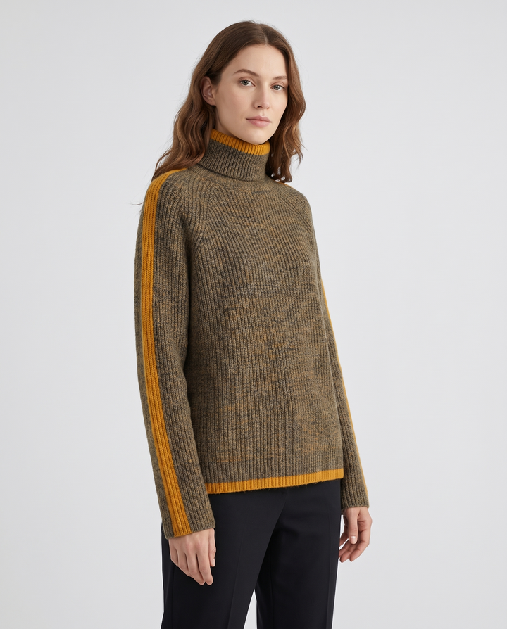 Dymphna | Women’s Turtleneck Jumper with Ribbed Knit and Trim - three-quarter view
