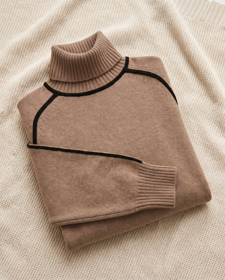 Ebba | Women’s Turtleneck Jumper with Ribbed Collar and Trim - Brown