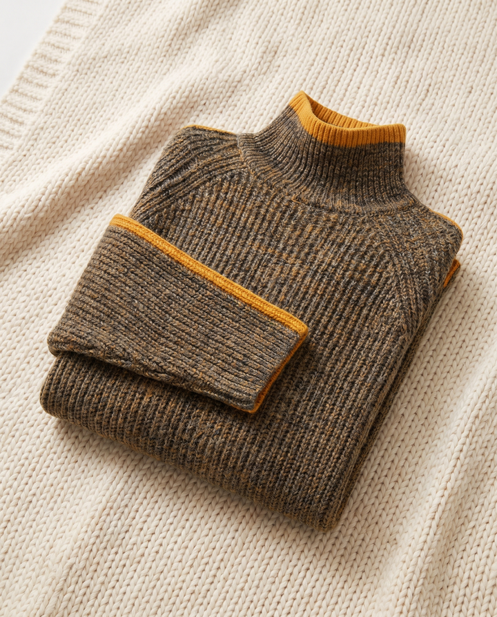Dymphna | Women’s Turtleneck Jumper with Ribbed Knit and Trim - Brown