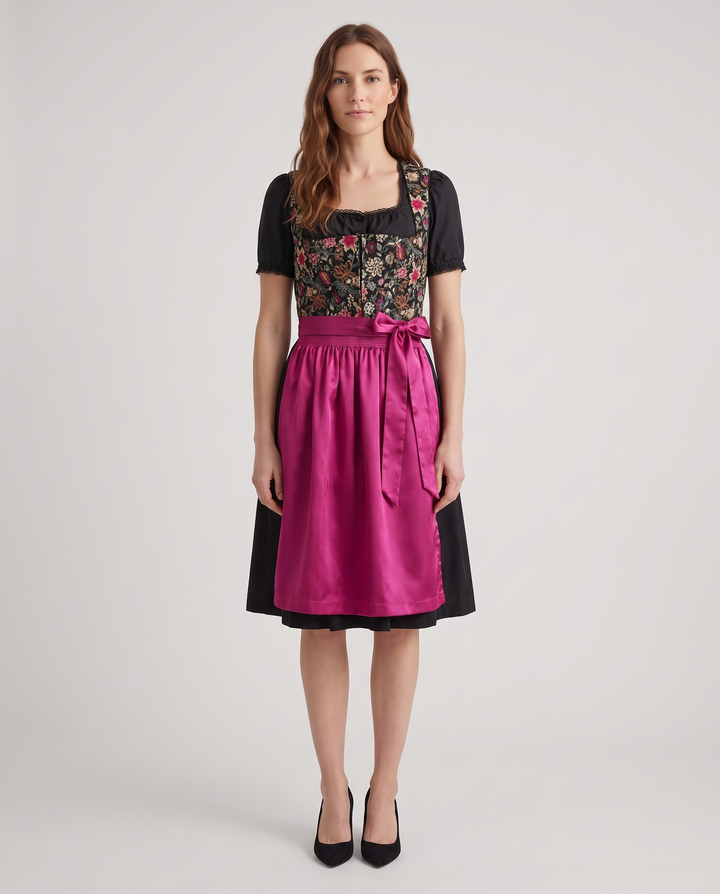 Hannelore | Women's Floral Dirndl Dress with Satin Apron