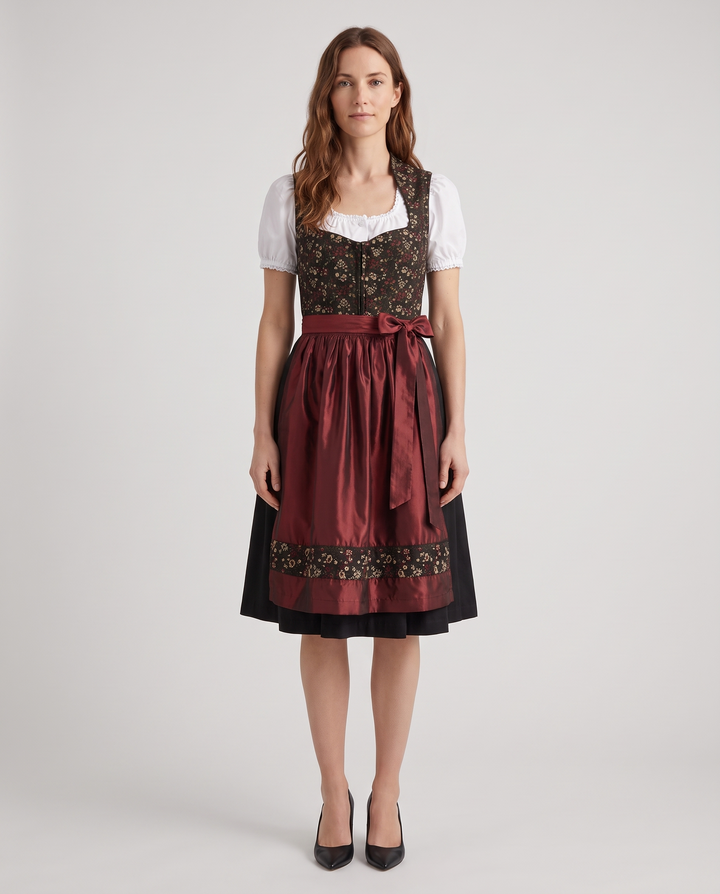 Magdalena | Women's Floral Bodice Dirndl Dress with Satin Apron