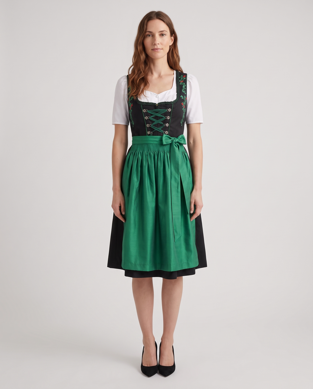 Zenzi | Women's Midi Dirndl Dress with Emerald Embroidery