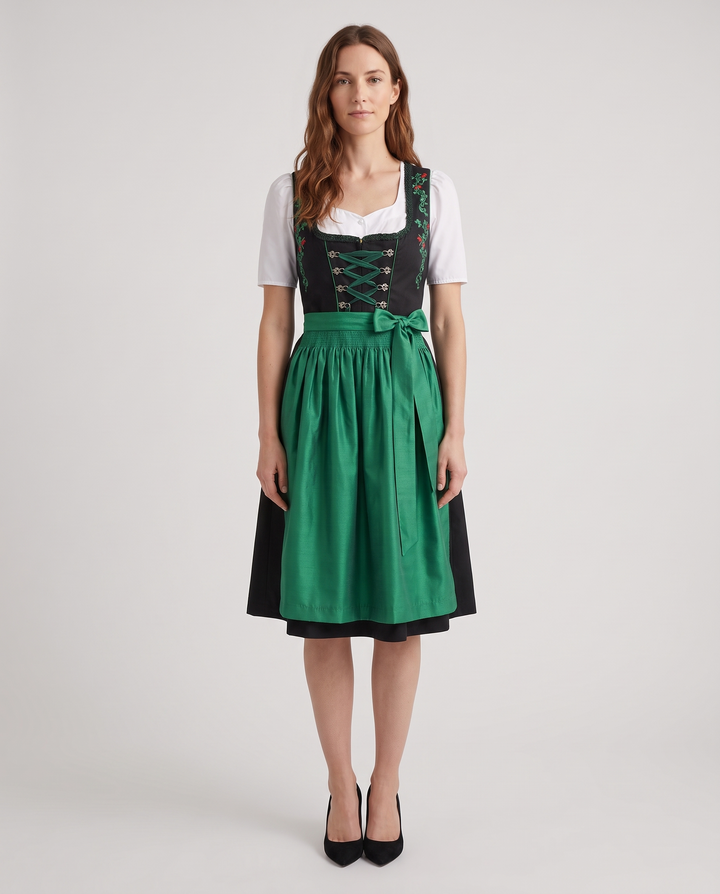 Zenzi | Women's Midi Dirndl Dress with Emerald Embroidery