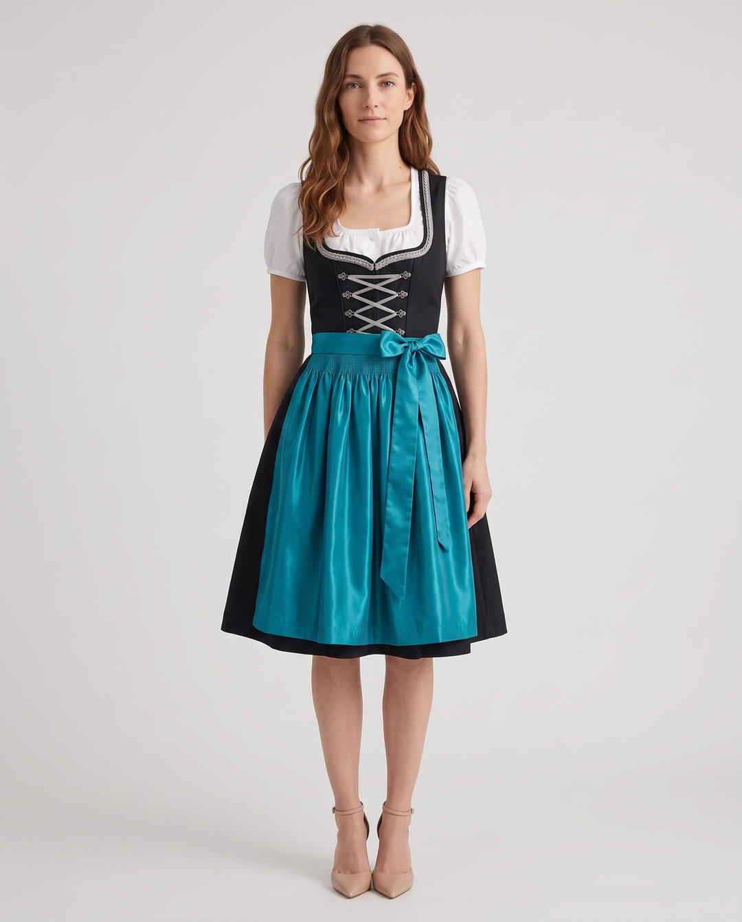 Vroni | Women's Midi Dirndl Dress with Teal Satin Apron