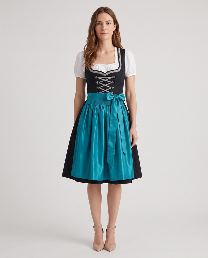 Vroni | Women's Midi Dirndl Dress with Teal Satin Apron
