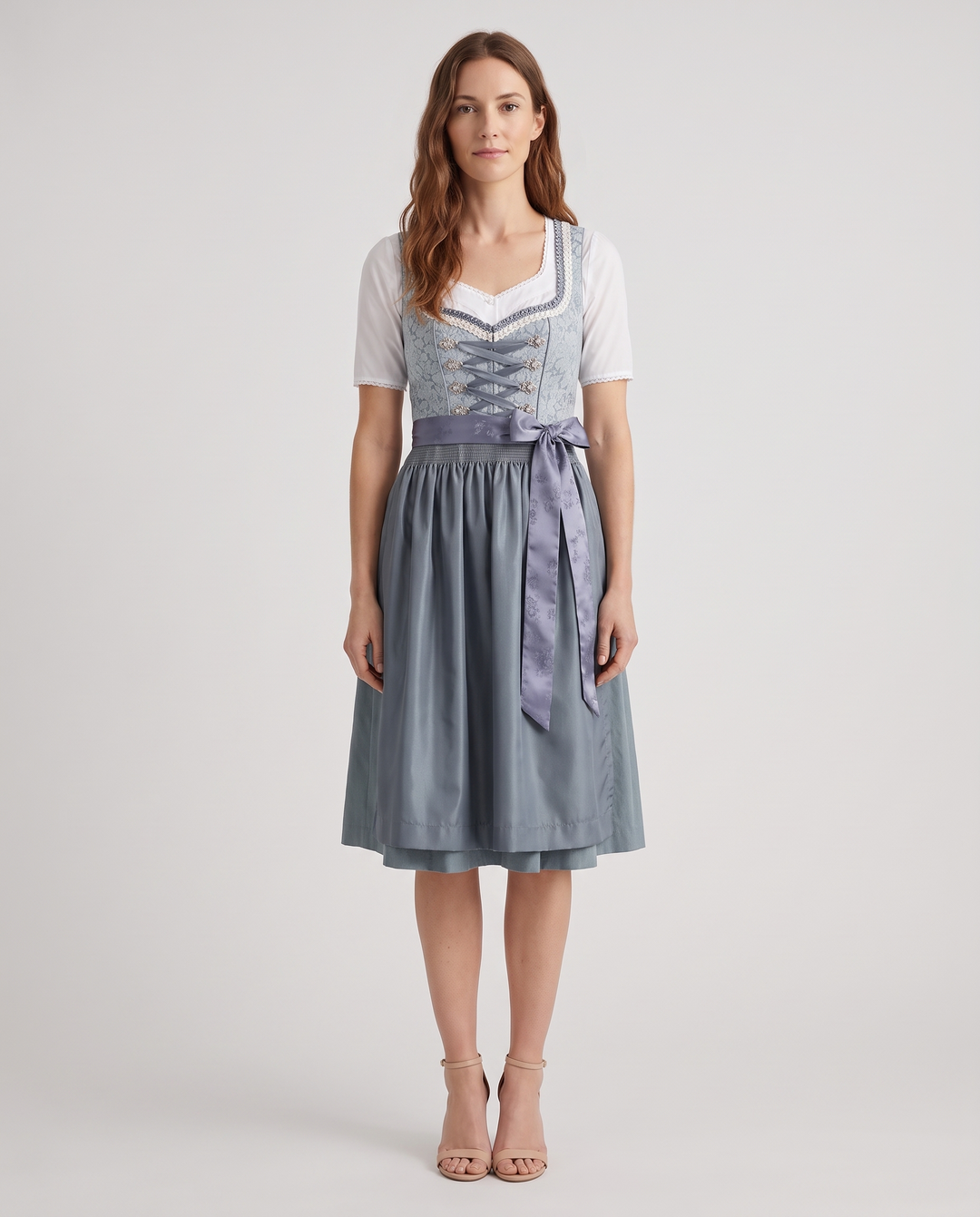 Walburga | Women's Midi Dirndl Dress with Slate Blue Apron
