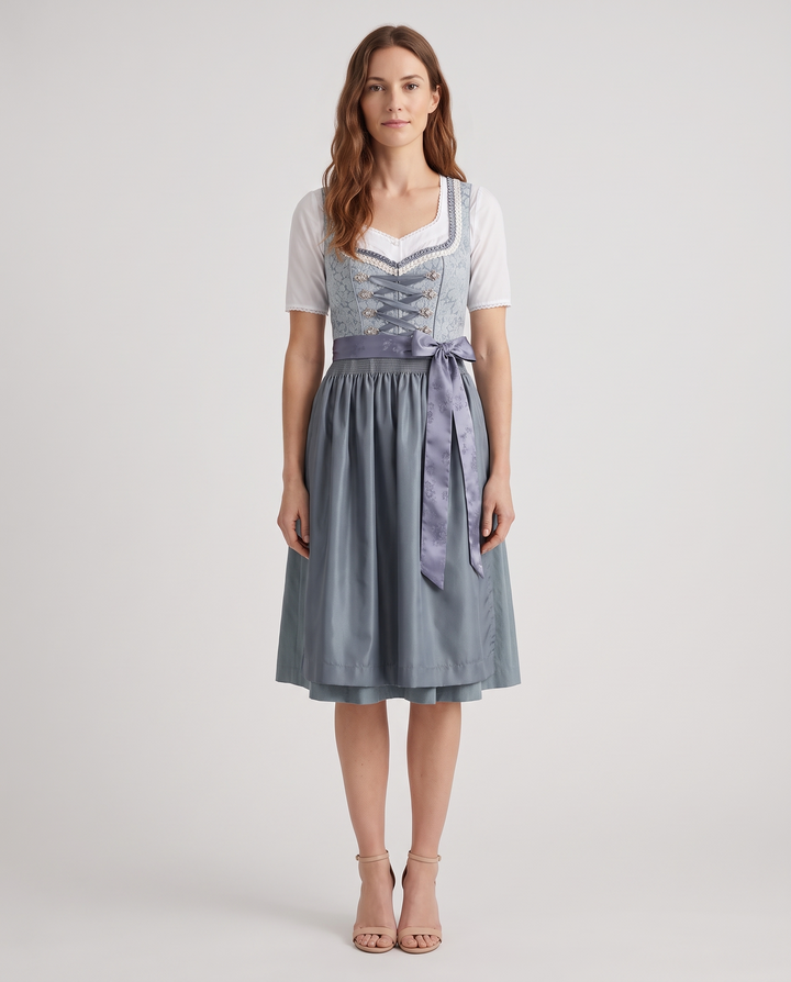 Walburga | Women's Midi Dirndl Dress with Slate Blue Apron