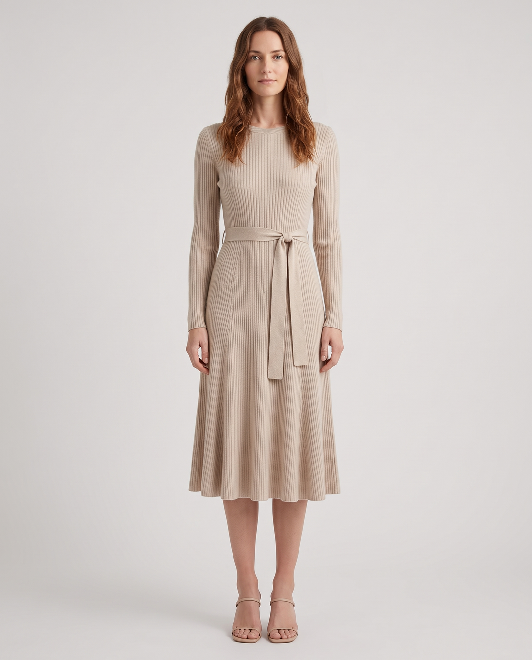 Vespertine | Women's Ribbed Knit Midi Dress with Belt