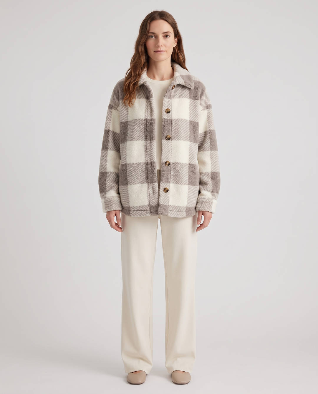 Maurelle | Women's Plaid Oversized Button-Up Fluffy Jacket
