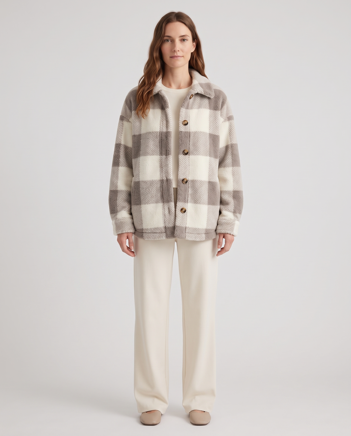 Maurelle | Women's Plaid Oversized Button-Up Fluffy Jacket